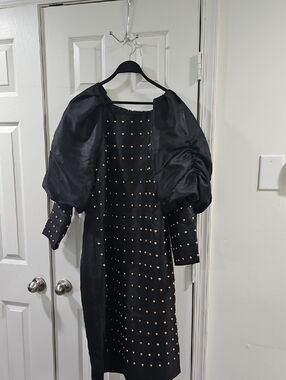 Black "Rose Collection" Puff-Sleeve Studded Long-Sleeve Midi Dress